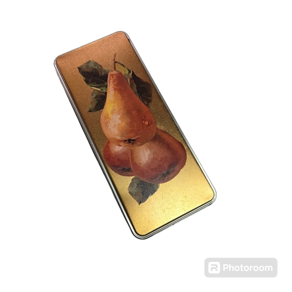 Vintage Collectible Tin 8" x 3" Fruit Print Pear Plum Berry Gold Green Fruit
